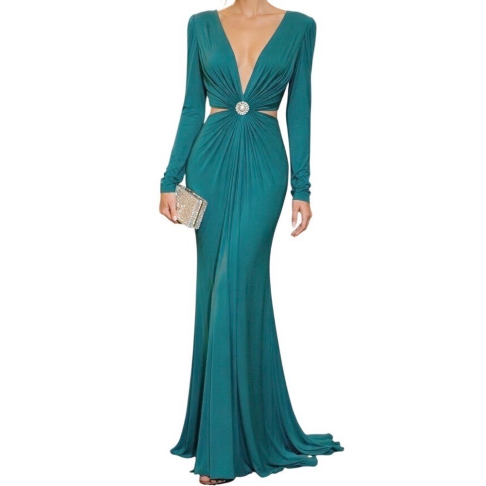Mac Duggal Women's Teal Long Sleeve Brooch Cut Out Evening Dress Size 4 NWT